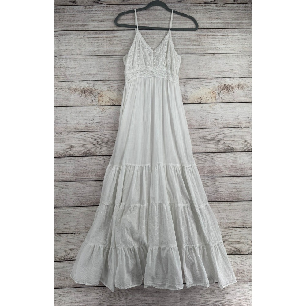 Coline Maxi Dress Women Small White Eyelet Lace Tiered Boho Smocked Back